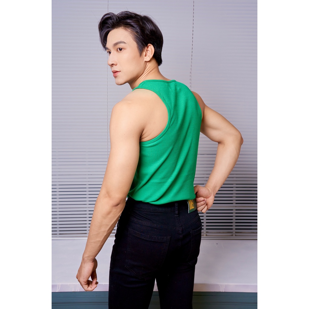 Áo Thun Ba Lỗ Tank Top Nam Cổ Tròn Màu Xanh Lá Vải Cotton Tăm Gân Thương Hiệu Mr Twins