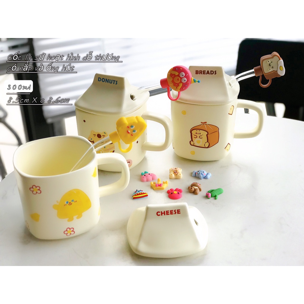 Cốc ly sứ /ly sứ hoạt hình dể thương có nắp và ống hút /300ml🧀🍞🍩
