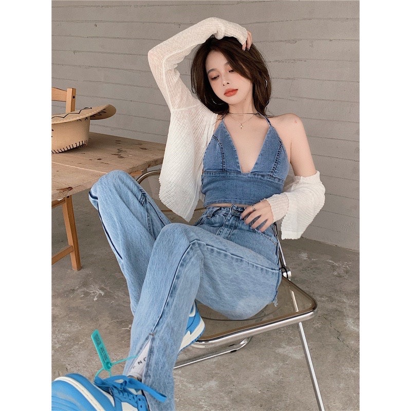 CR204 Áo croptop hai dây denim / jean cúp ngực lưng chun sexy gợi cảm I.LCLOTHING