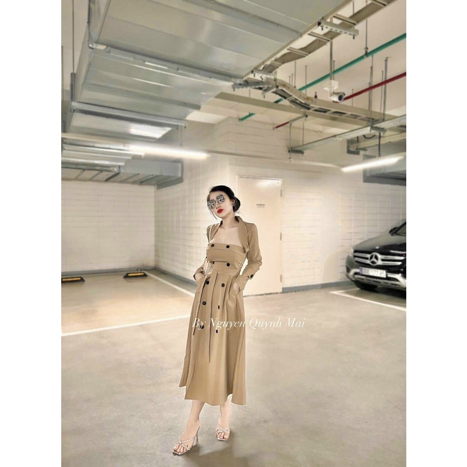 Set đầm cúp ngực maxi mix áo khoác croptop kèm dây eo