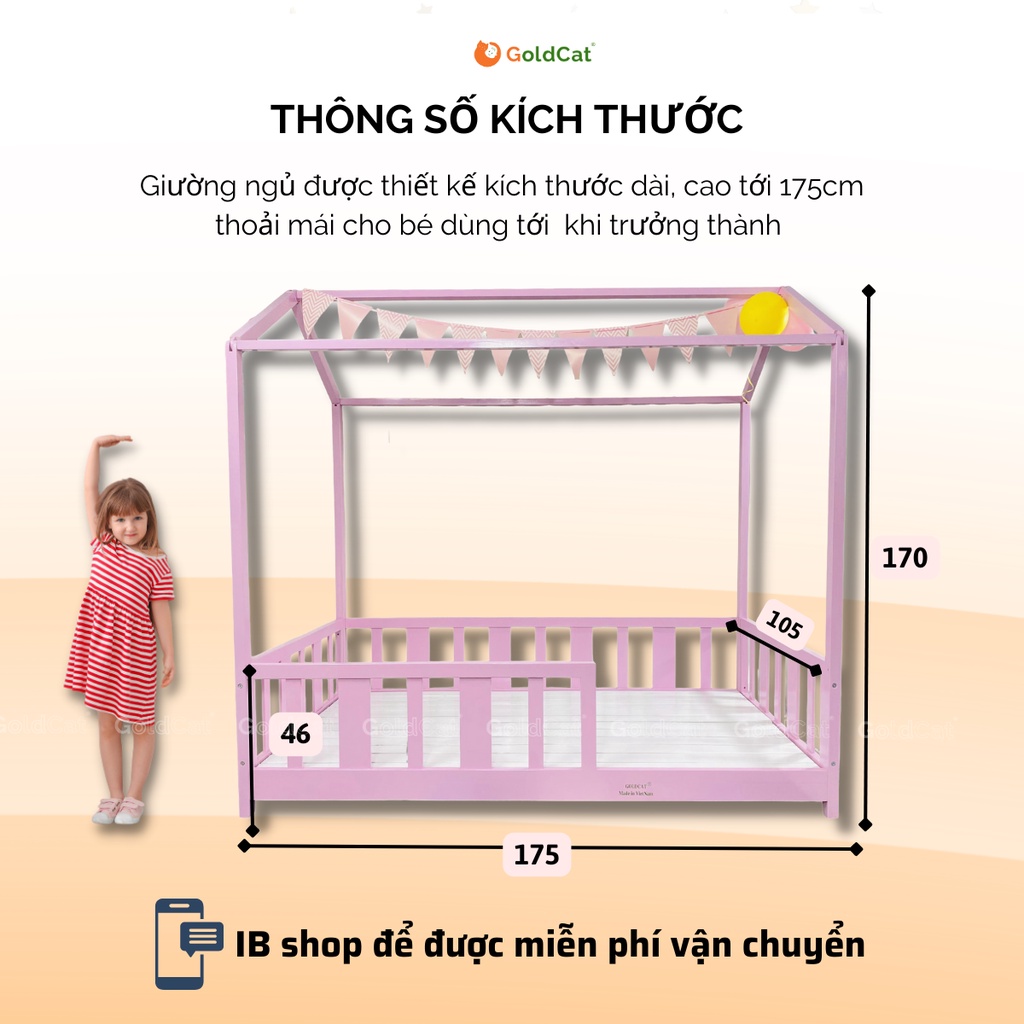 Giường cho bé gái, bé trai hình ngôi nhà, gỗ quế tự nhiên GoldCat cho trẻ từ 3-15 tuổi | Tặng Set Trang tr