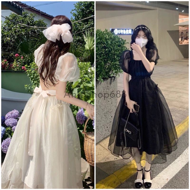 Đầm voan tơ cổ vuông nơ lưng ,váy công chúa cổ vuông tay bồng dáng dà ,maxi tay bồng bèo tầng ulzzang hàn quốc ANIESHOP
