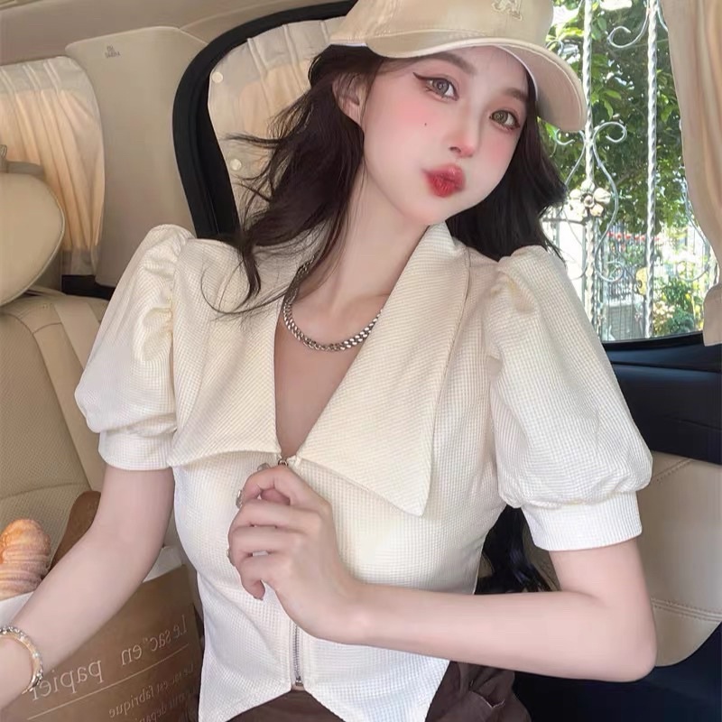 Áo thun nữ cổ sơ mi [CÓ ẢNH THẶT] phối khoá kéo ômbody chất thun gân co dãn 4 chiều phong cách ULZAANG