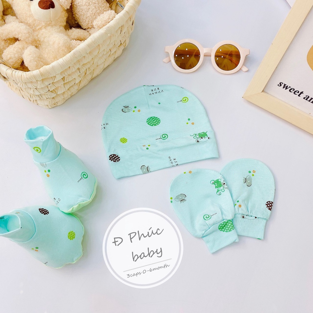 Set Mũ Bao Tay Chân Thun Lạnh Họa Tiết Xinh Cho Bé Sơ Sinh