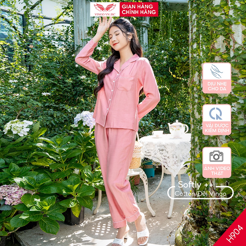 Đồ bộ nữ pijama mặc nhà đũi cao cấp mùa Thu Đông VINGO tay dài quần dài 2 màu xanh hồng H904 VNGO