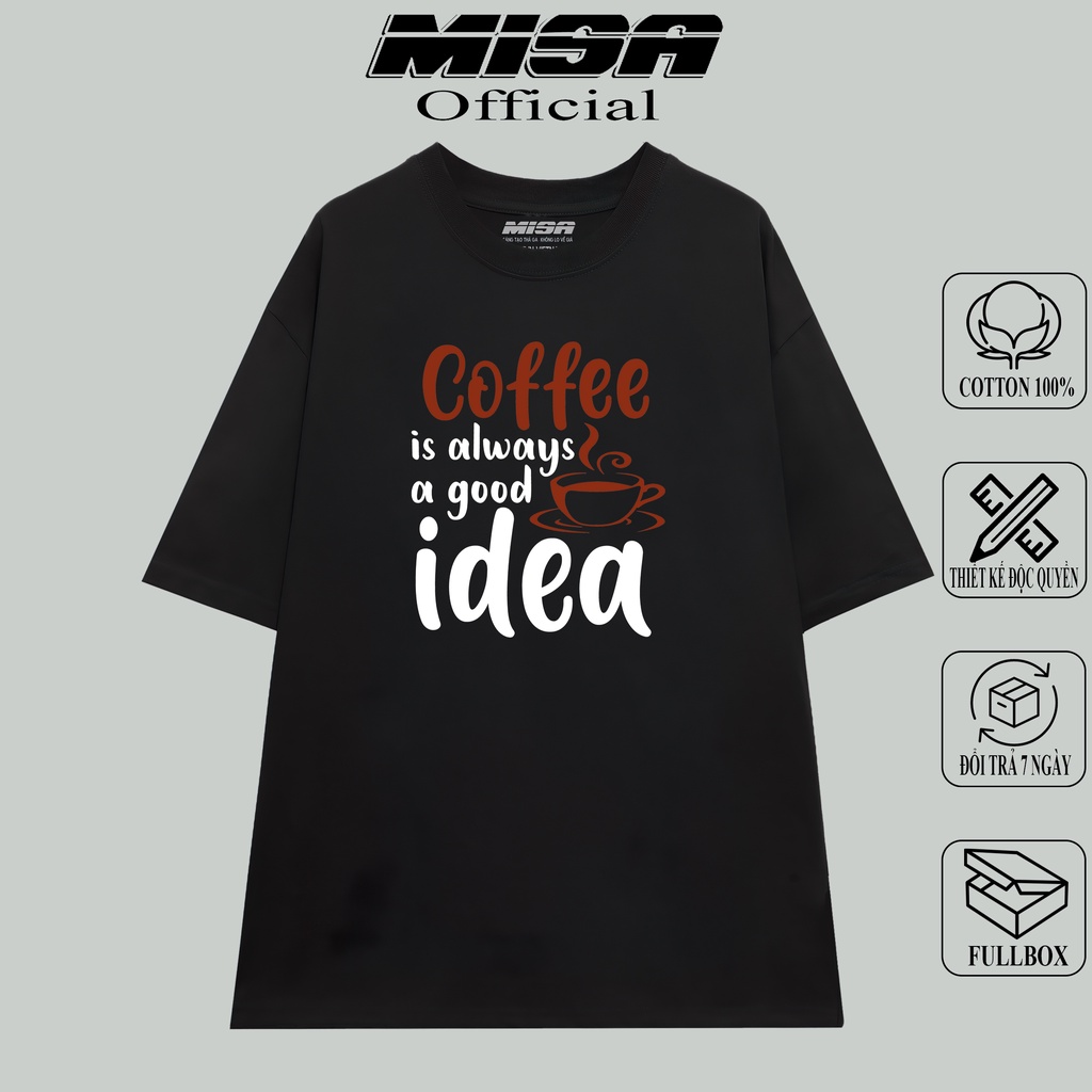 Áo thun nam nữ form rộng tay lỡ MiSa chất vải cotton màu đen BST Cafe dành cho các tín đồ ghiền cafe