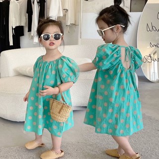 [Hàng sẵn] Váy xuông tay bồng chấm bi xanh cho bé gái
