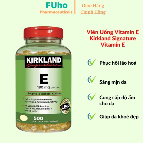 Viên Uống Kirkland Vitamin E, hỗ trợ làm đẹp da và chống lão hoá, hộp 500 viên Duocphamfuho