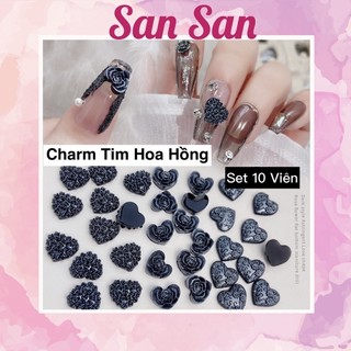 Set 10 viên charm tim hoa hồng hoài cổ trang trí móng
