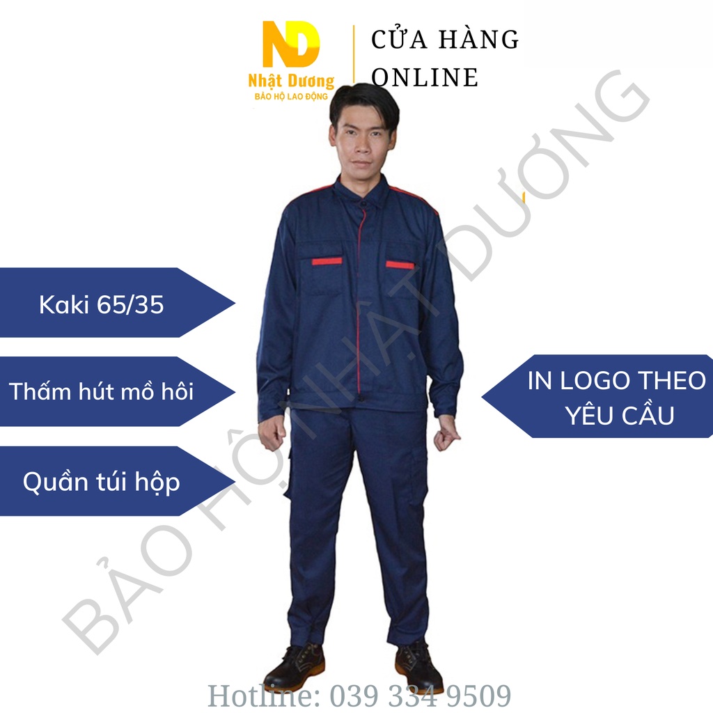 Đồng phục bảo hộ vải kaki màu xanh đen phối đỏ TB11 Quần áo lao động túi hộp dùng trong cơ khí