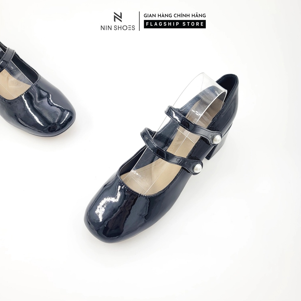 Giày cao gót Ninshoes 3 Phân đế vuông mũi tròn quai ngang đính ngọc