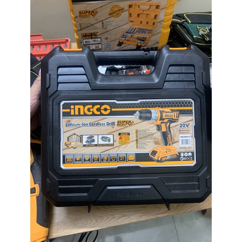 Máy khoan pin INGCO CDLI200215 cầm tay, máy khoang pin 3 chức năng có búa, tặng kèm Bộ 19 mũi khoan và vặn vít