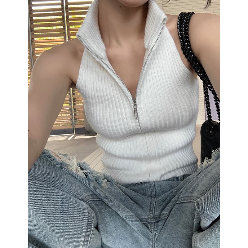 Áo Dệt Kim Không Tay Cổ Cao Ôm Dáng Có Khóa Kéo Và Gối Hàng Mới Dành Cho Bạn Nữ