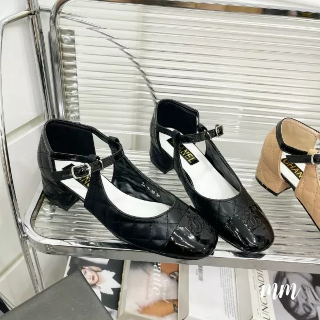 Giày nữ đế thấp hở eo kiểu mới trần chỉ mũi vá bóng CC Nguyên hộp hãng cao cấp