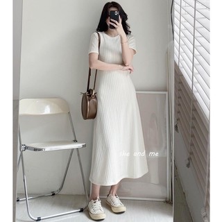 Váy thun gân cổ tròn dáng dài xoè basic - Váy thun gân basic PeaStore (Ảnh thật)