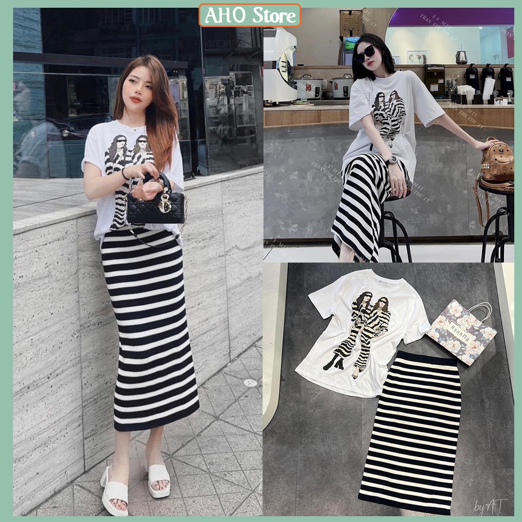 Set Chân Váy Nữ Áo Phông Trắng Nữ In Hình 2 Cô Gái Mix Chân Váy Bút Chì Kẻ Ngang Freesize