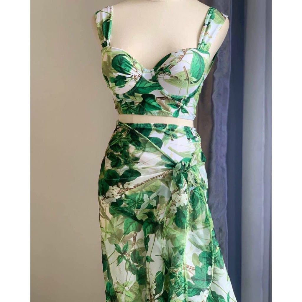 Bikini set 3 món đi biển đi bơi hoa cam kèm khăn choàng đi biển có ảnh thật kế bên