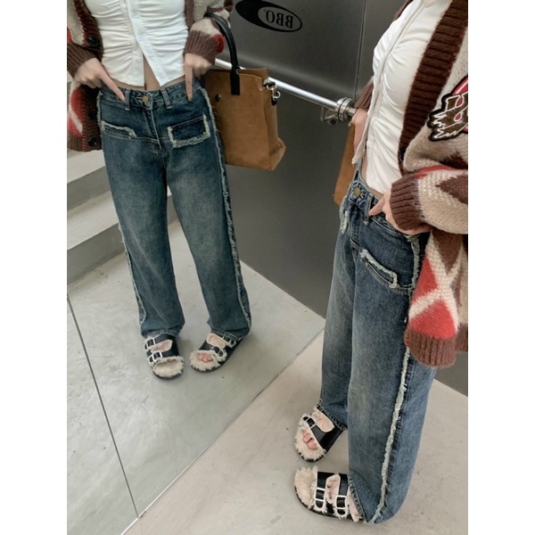 Quần jeans suông túi kiểu tua viền phom dài lưng cao hàng loại 1