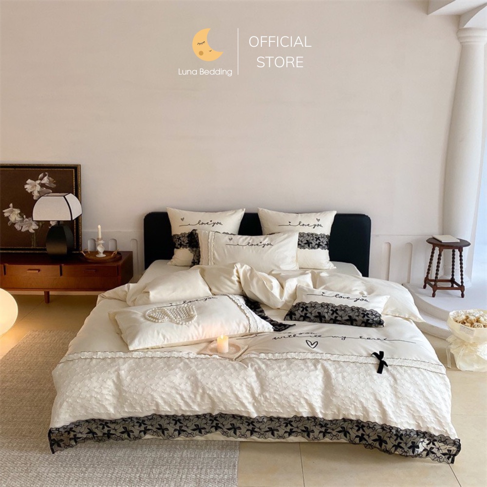 Bộ Chăn Ga Gối Lụa Thêu 100s Phối Ruy Băng Viền Ren Luna Bedding