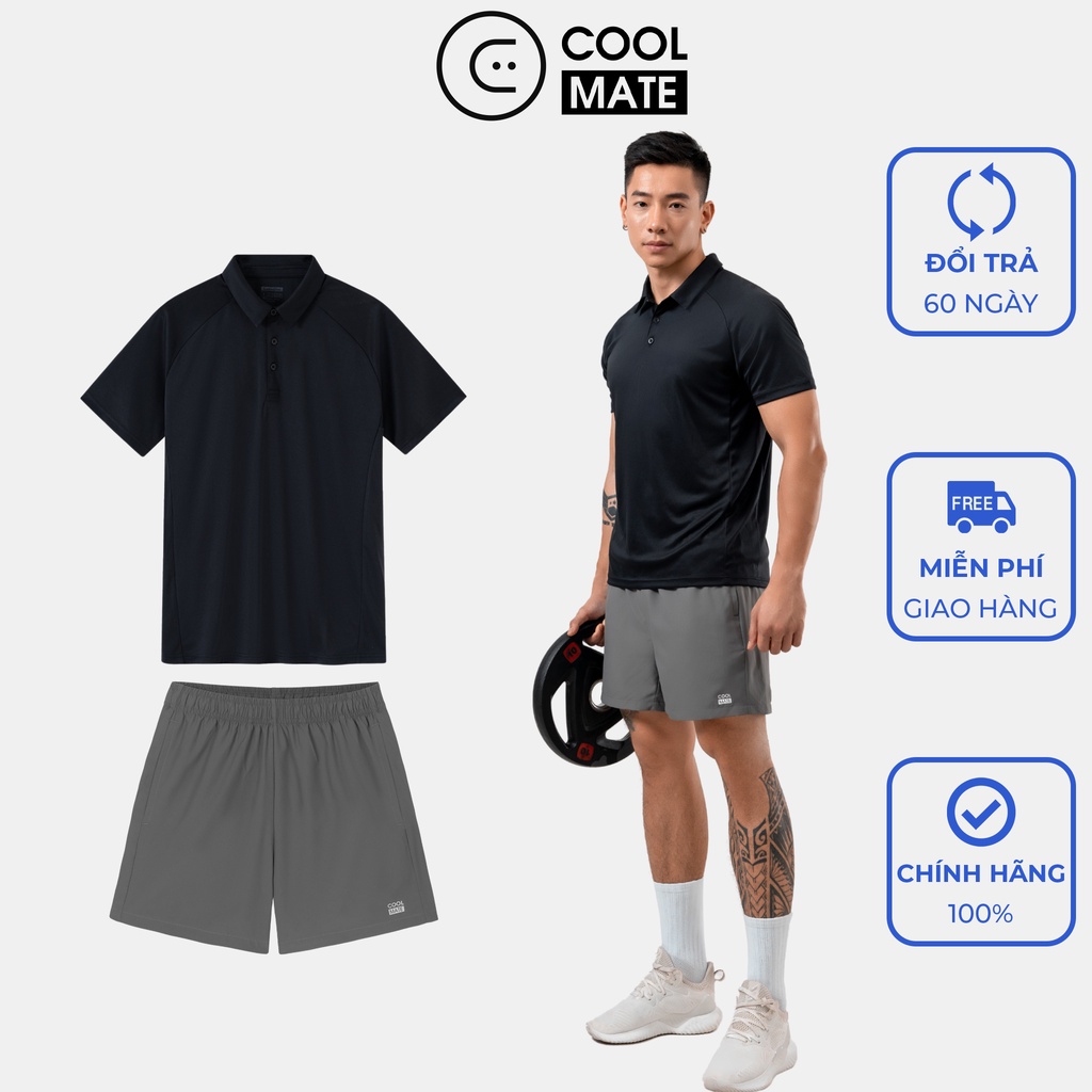 Men's sport box - Set Đồ Bộ Thể Thao Áo Polo Active V2 đen và Quần 5'' Ultra Short xám đậm - thương hiệu Coolmat