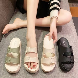 Dép Nữ , Dép Nữ QUAI NGANG Độn Đế CÀI KHUY CAO 5 Cm