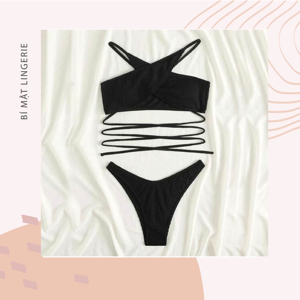 Bikini đồ bơi 2 mảnh thun nhún buộc dây chéo nhấn eo nhiều màu sắc tôn da ảnh thật hot trend 2023