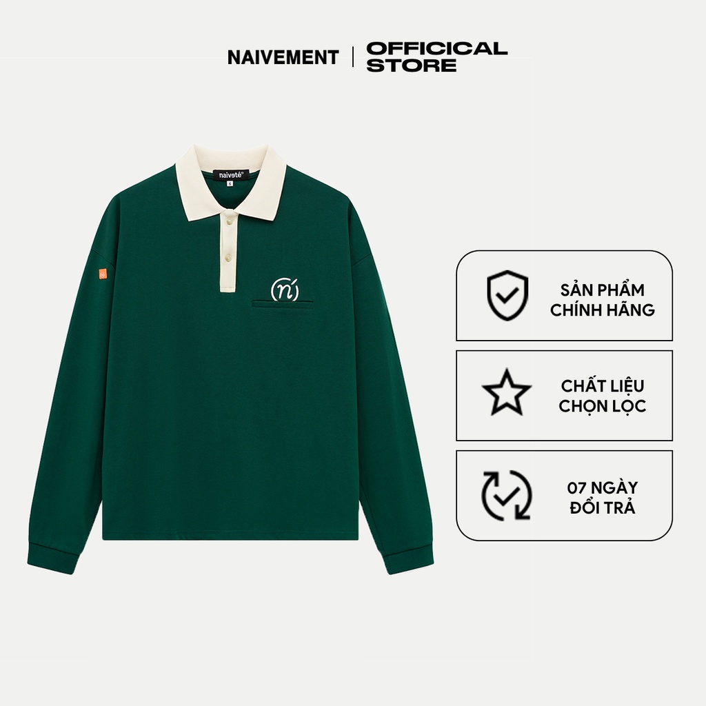 Áo polo dài tay unisex Tag Logo NAIVETE sweater cổ bẻ chất liệu cotton