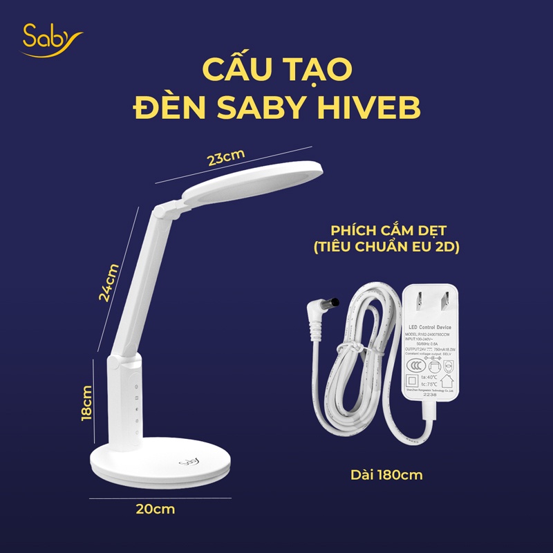 Đèn học cho bé Saby Hiveb, Combo đèn kèm Ổ cắm điện đa năng CubeZ, bóng led tổ ong thiết kế đĩa tròn độ phủ sáng rộng