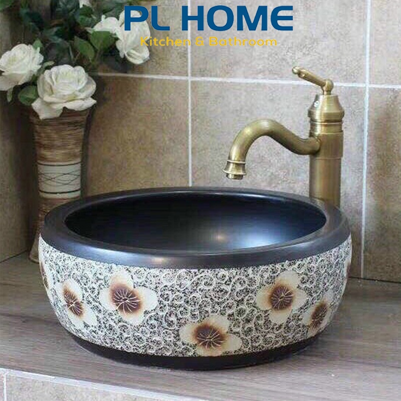 Lavabo gốm sứ đặt bàn hình tròn họa tiết hoa văn cổ điển