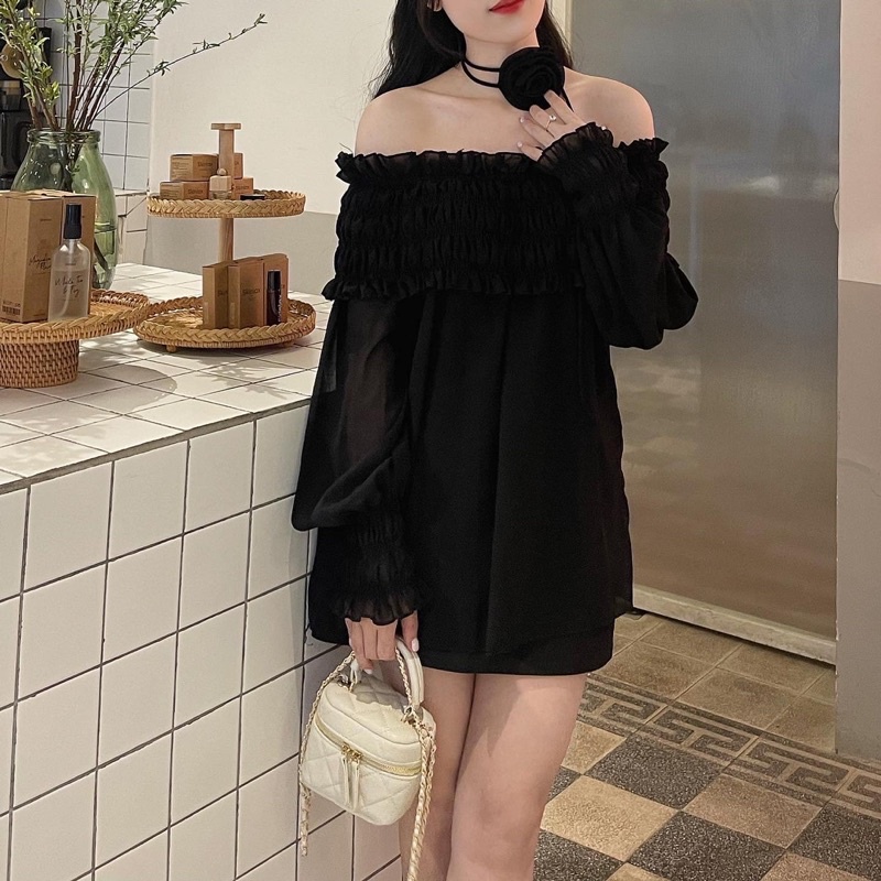 (ẢNH THẬT 100%) ÁO TRỄ VAI BO CHUN KÈM CHOKER HOA HÀNG QC L1
