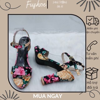 Giày cao gót Fushne, sandal nữ cao gót 11p đúp, hoạ tiết hoa trang trí nổi bật,xinh đẹp