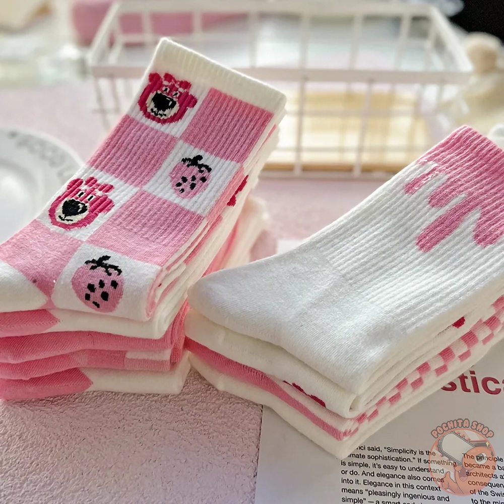 Tất Cổ Cao In Họa Tiết Gấu Dâu Tây Lotso Bear Hoạt Hình Disney Màu Hồng Dễ Thương, Vớ Nữ Cotton Dài Phong Cách Nhật Bản