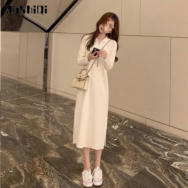 Đầm Dệt Kim Cổ Polo Dáng Dài Xẻ Tà Kiểu Pháp Thanh Lịch Cho Nữ