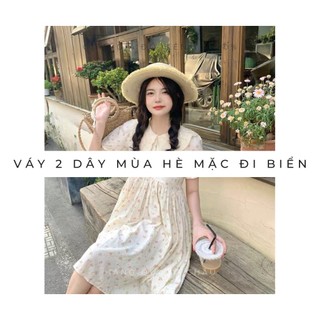 [ HOT Trend] Váy 2 dây mùa hè mặc đi biển, Đầm trắng nữ dáng xòe dài ngực xếp ly bánh bèo tiểu thư PL