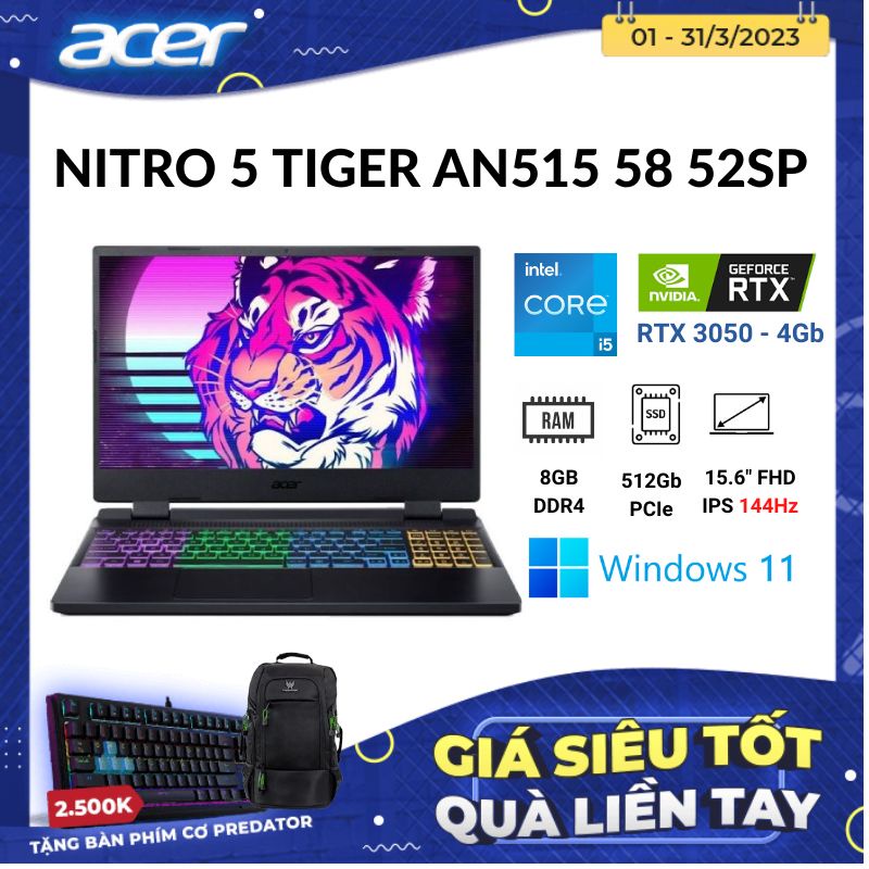Laptop Gaming Acer Nitro 5 Tiger AN515-58-52SP/i5-12500H/8GB/512GB SSD/RTX 3050
