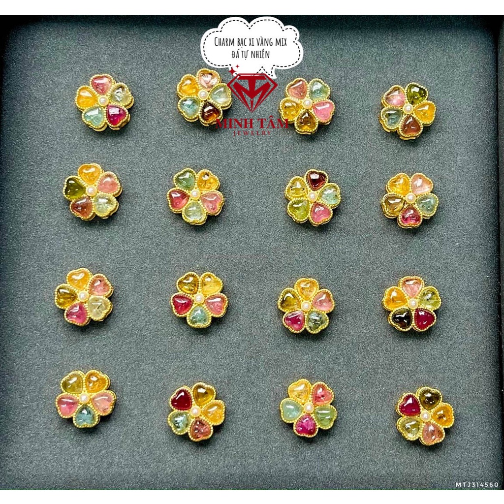 Charm cỏ 4 lá bạc xi vàng gắn đá thiên nhiên Minh Tâm Jewelry