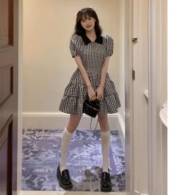 (Có sẵn)Đầm babydoll caro xếp tầng cổ polo cực xinh xắn + có kèm hình thật