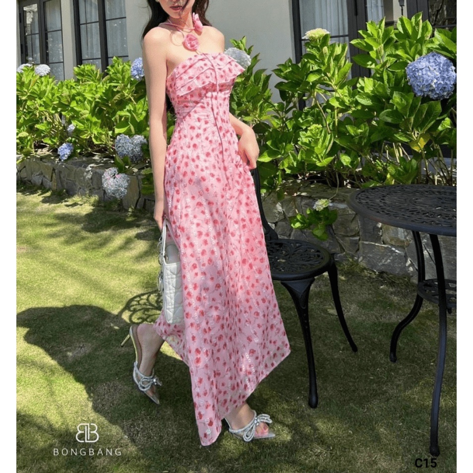 đầm voan hoa dáng dài xinh màu hồng đẹp như hình ld0323