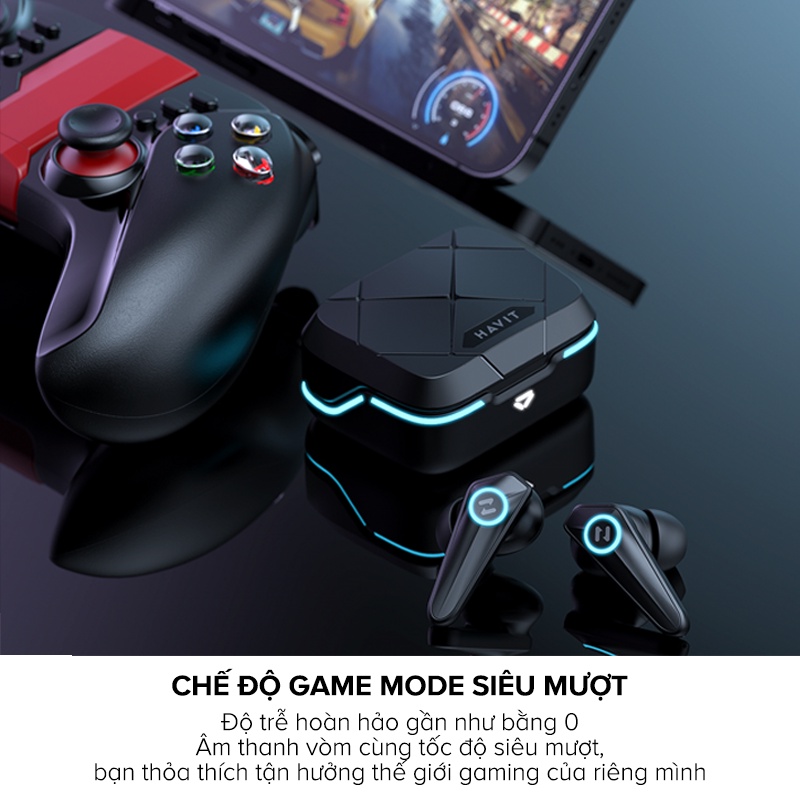 Tai Nghe Gaming TWS HAVIT TW908, BT 5.3,Gamemode 60ms, Đèn RGB, 2 Mic Khử Ồn, Nghe Đến 24H - Chính Hãng BH 12Th Dizigear