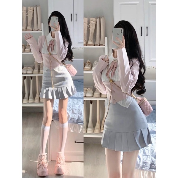 Set áo sơmi croptop kiểu dài tay layer vest hồng đáng yêu + chân váy ngắn thời trang nữ sinh Hàn Quốc