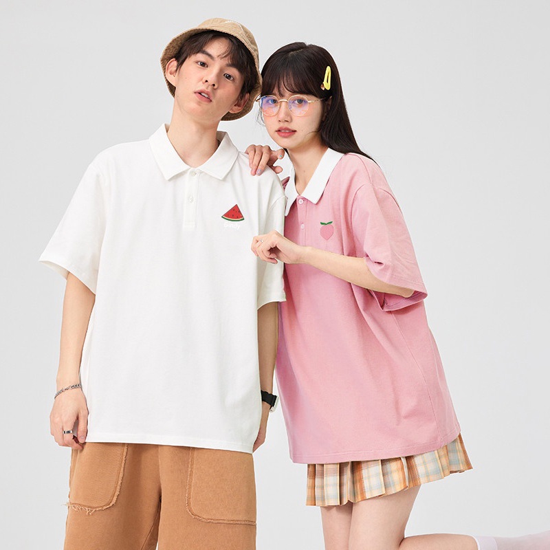 [Mua 1 tặng 1] Áo polo nam nữ form rộng Hàn Quốc unisex GINDY tay lỡ thêu họa tiết hoa quả dễ thương A012