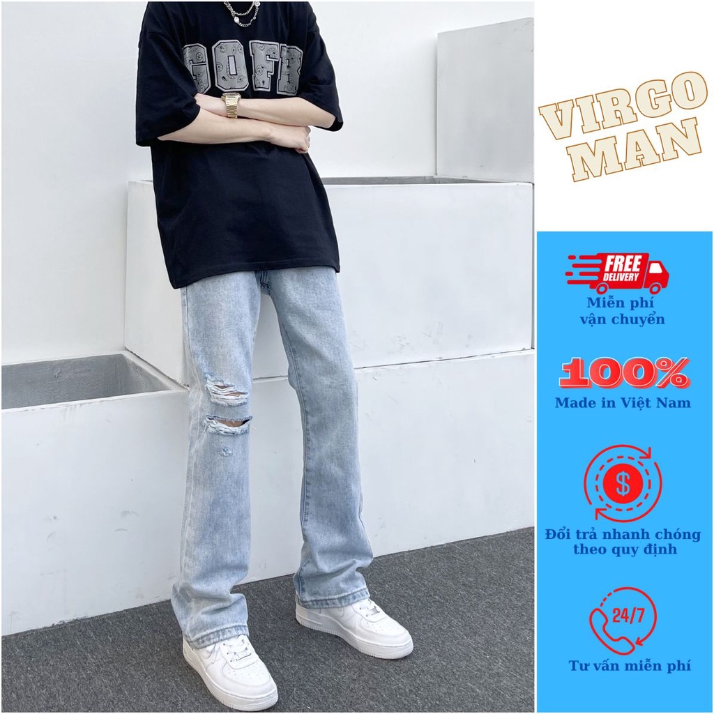 Quần jean nam ống loe màu xanh nhạt rách gối phong cách hàn quốc-VIRGO MAN-Quần bò nam cá tính cao cấp không phai màu