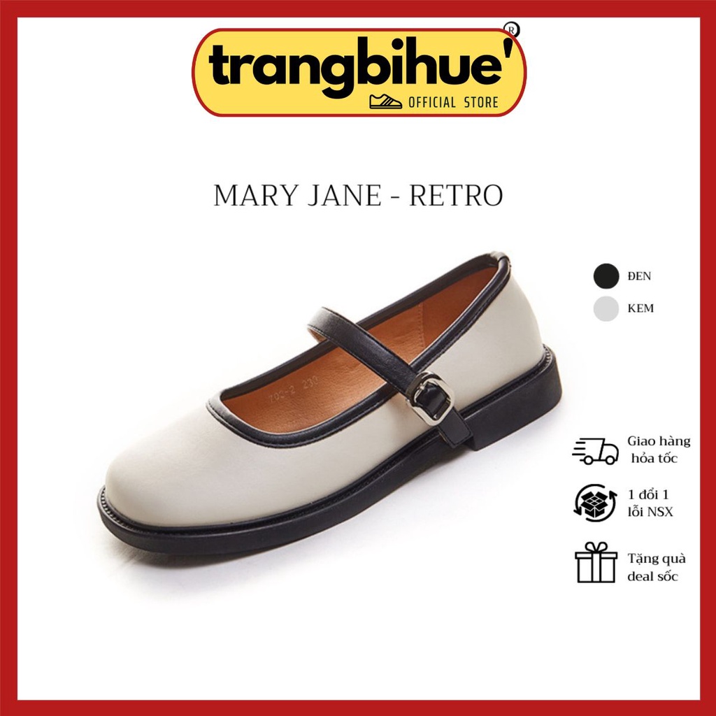 Giày Mary Jane nữ gót thấp đế bằng mùa hè mới da mềm retro