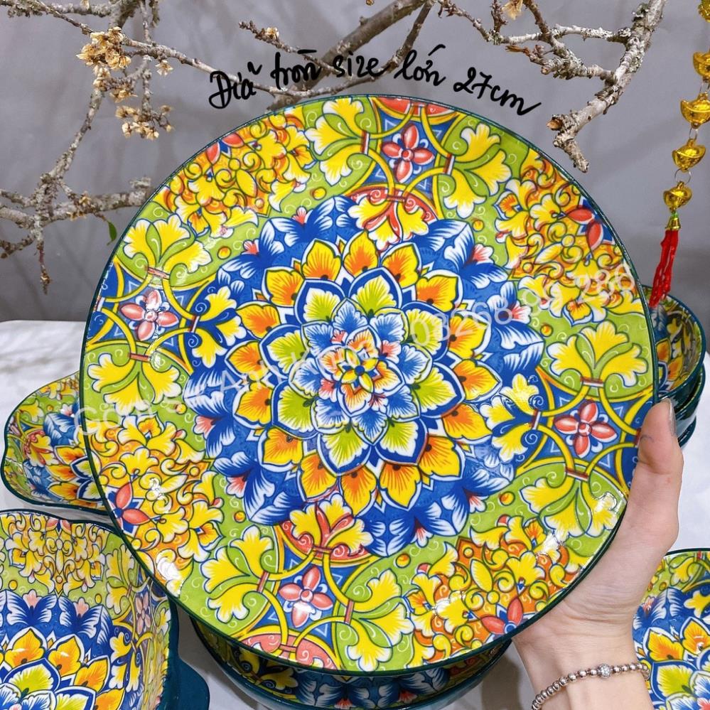 Siêu Sale - Bát Đĩa Gốm Sứ Decor, Bát Ăn Cơm, Bát Ăn Chè, Chén Dĩa Dễ Thương Bộ Bát Đĩa Thổ Cẩm Xanh Posimia