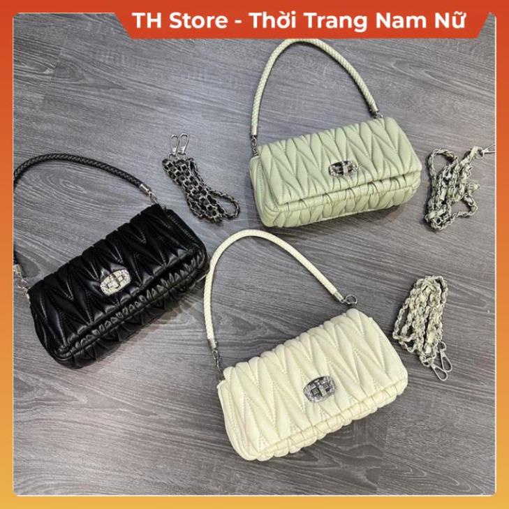 Túi xách nữ đeo vai kẹp nách da phồng vân lá kim , Túi sách đeo chéo màu đen trắng xanh du lịch thời trang TH Store