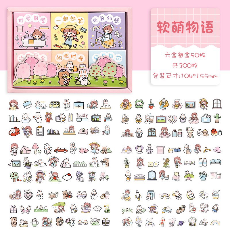 Hộp 100 tấm sticker cute trang trí dán tập vở,bình nước, bút