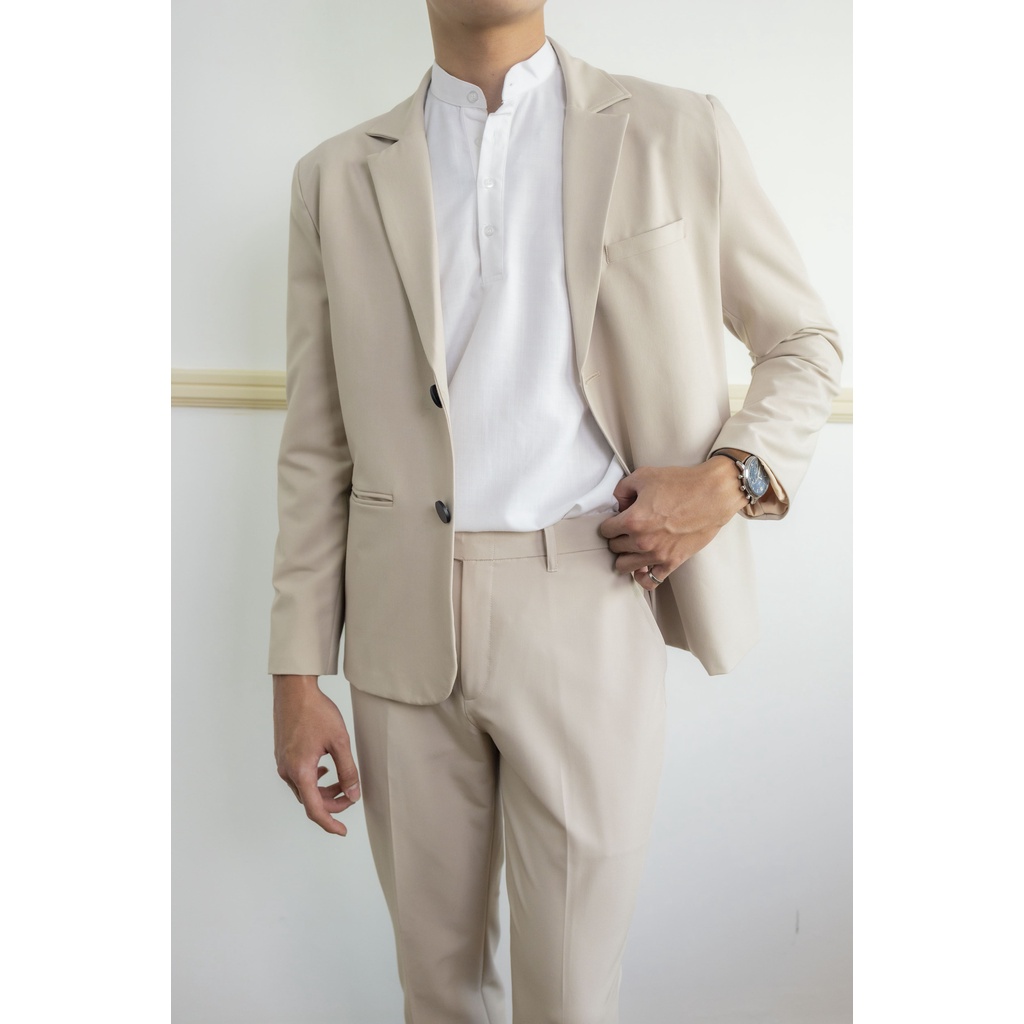 Áo vest blazer nam VÂU màu kem basic áo khoác công sở trẻ trung dài tay 1 lớp và 2 lớp phong cách Hàn Quốc | BigBuy360 - bigbuy360.vn