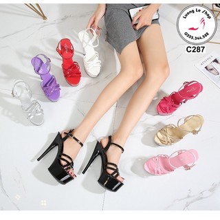Giày cao gót 15cm gót nhon da bóng quai mảnh đan chéo quai vòng cổ chân nhiều màu Ms C287