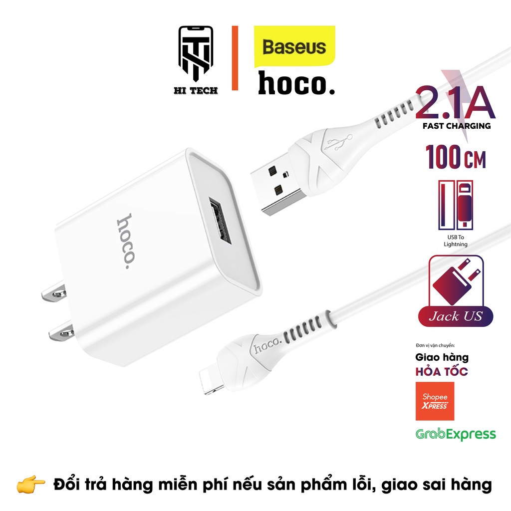 Bộ sạc nhanh HOCO C81, sạc nhanh 2.1A đầu ra USB đơn kèm theo cáp cho thiết bị nightling, phích tiêu chuẩn US cáp 1m.