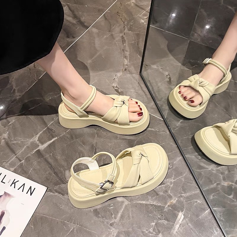 Giày sandal nữ nơ phong cách tiểu thư bánh bèo đế cao 5cm chất liệu da PU cao cấp phù hợp đi học